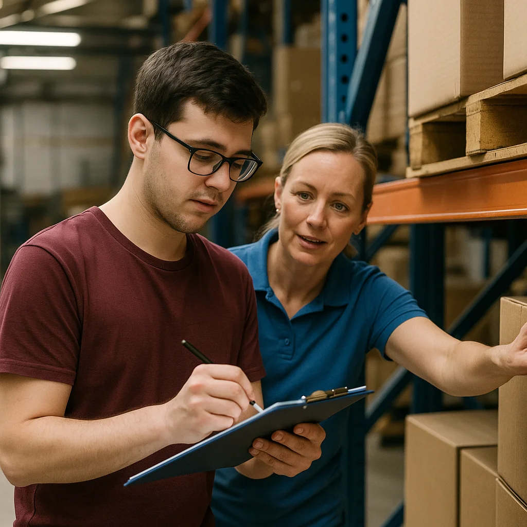 Junger Erwachsener arbeitet im Lager, unterstützt durch eine Arbeitsassistenz.